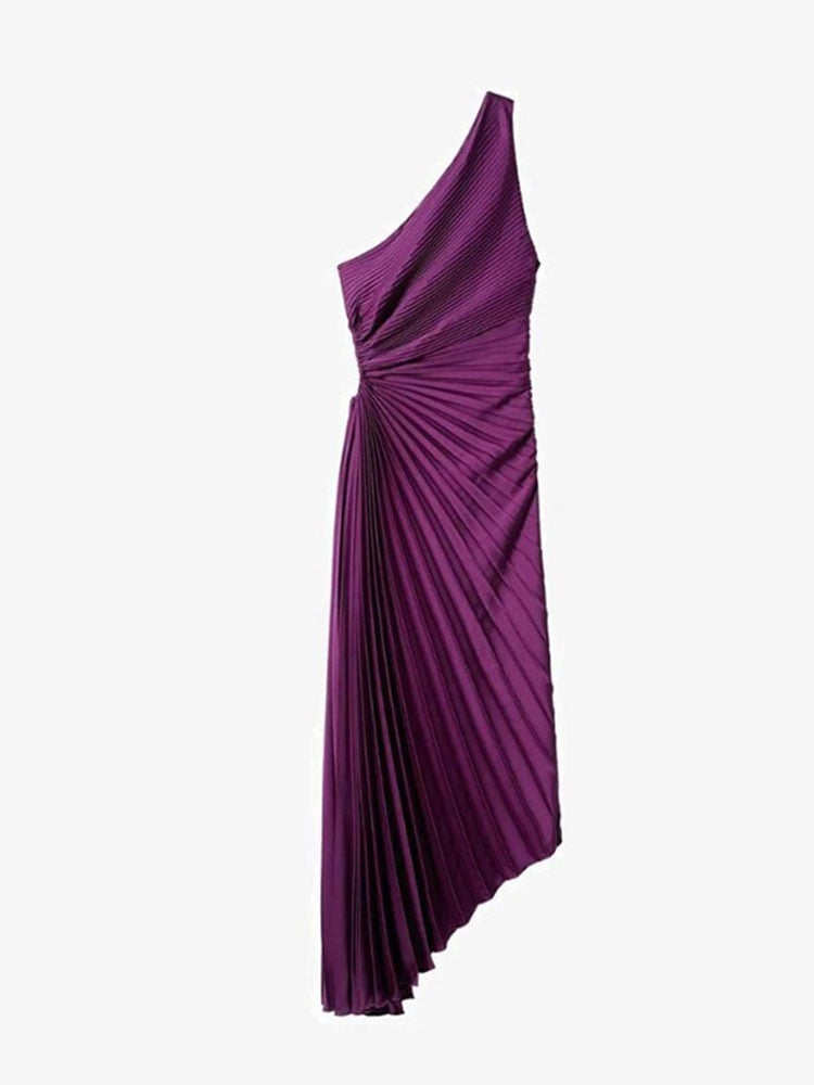 One Shoulder Pleated Maxi Dress Purple S 724GoShop