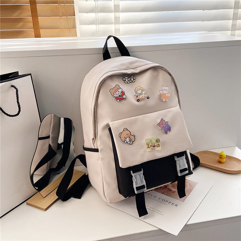 Schoolbag Girl Korean Version Ulzzang High School Student Backpack Ins Japanese Junior High School Student Backpack Black Brooch Pendant 724GoShop