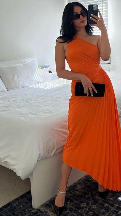 One Shoulder Pleated Maxi Dress Orange XL 724GoShop