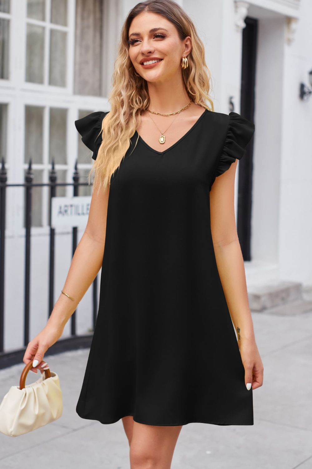 Ruffled V-Neck Flutter Sleeve Dress Causal for women Black XL 724GoShop