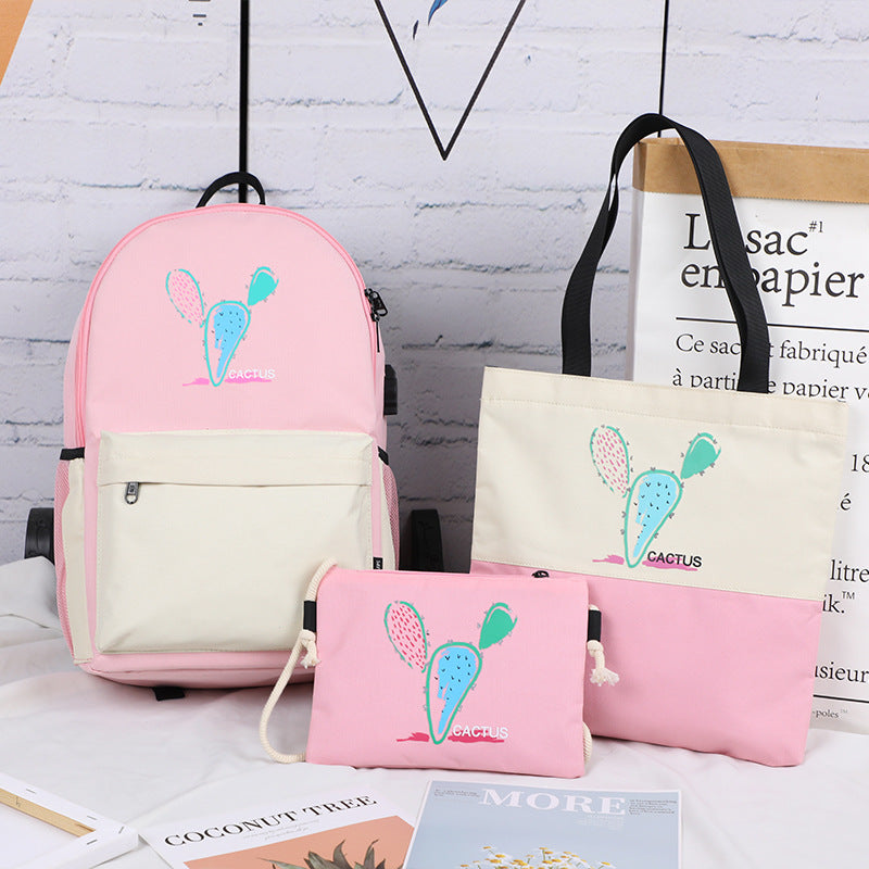 School bag three piece backpack fashion USB Pink 724GoShop