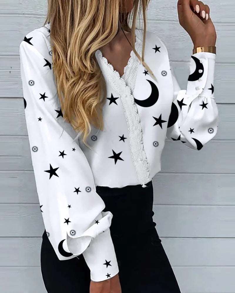 Fashion Ladies Shirts For Women Print Lace Casual Shirts 724GoShop