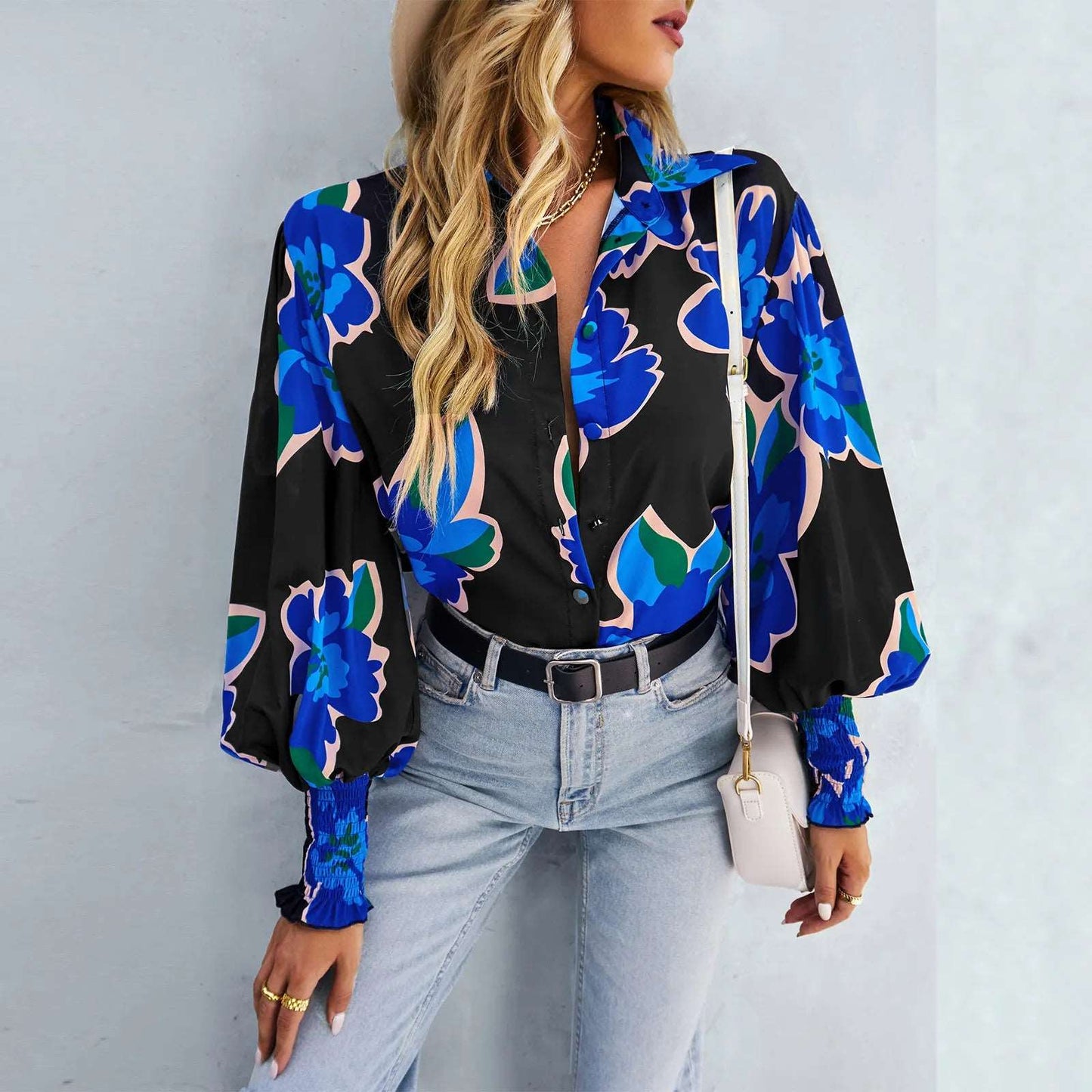 fashion womens wear blouse women contrast print shirt long sleeve ladies versatile top shirts Black 724GoShop