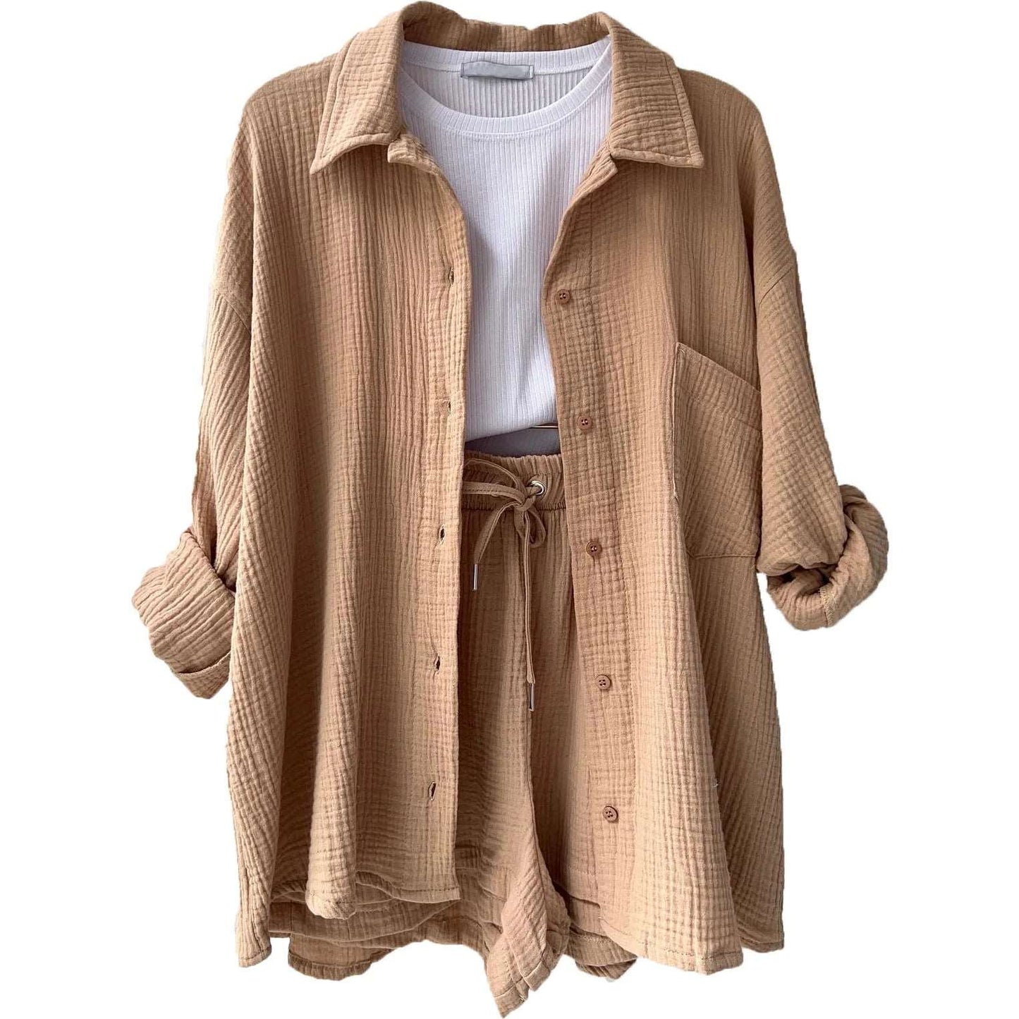 Female Sets Suit Casual Sleepwear Biker 2 Two Pieces Shorts Set Women Khaki 724GoShop