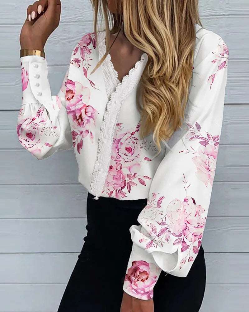 Fashion Ladies Shirts For Women Print Lace Casual Shirts 724GoShop