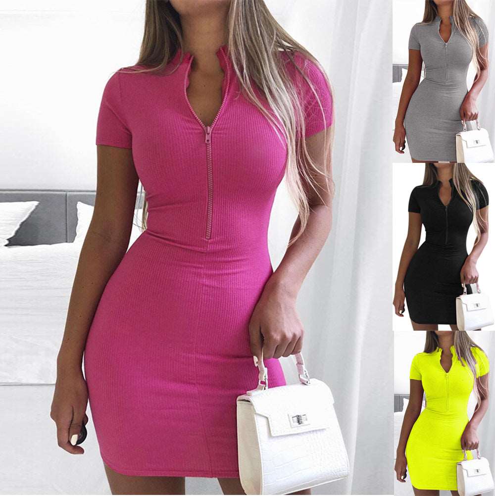 high neck short sleeve casual womens dresses zipper Red 724GoShop