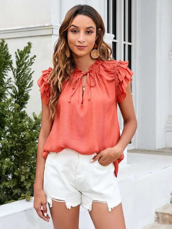 High Quality Clothes Color Ruffled Sleeve Elegant V-neck Summer Tops For Women 724GoShop