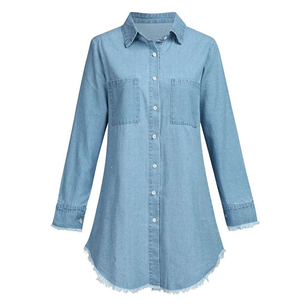 long-sleeve button long solid color blouse shirt Sky Blue 724GoShop