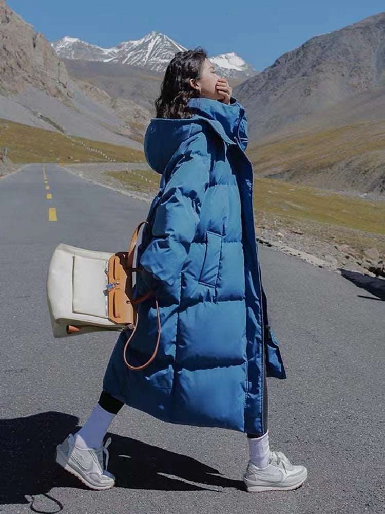 long jacket female knee winter jacket Blue 724GoShop