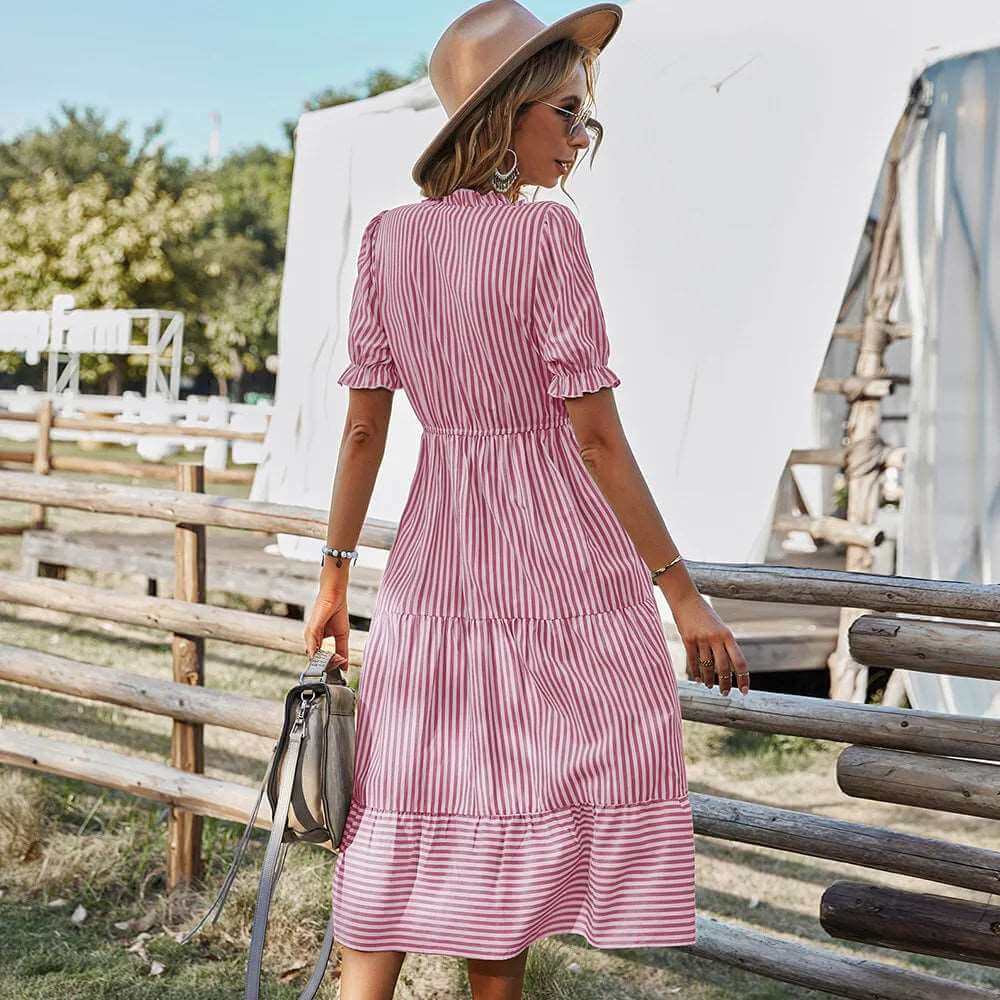 European Women's Summer Clothing 2022 New Hot Style Printed Fashion Loose Elegant Striped Dress Red 724GoShop