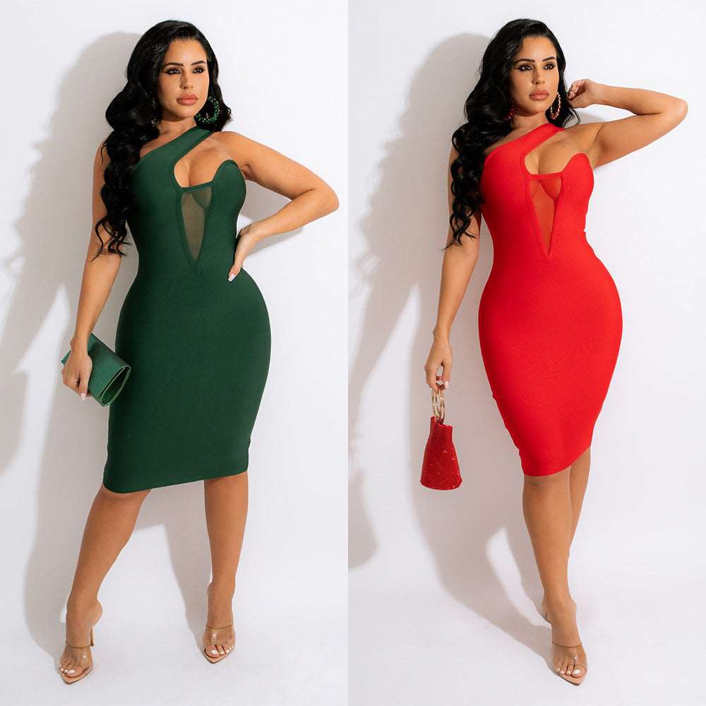 One-shoulder Hollow Halter Fold-mini Women's dress 724GoShop