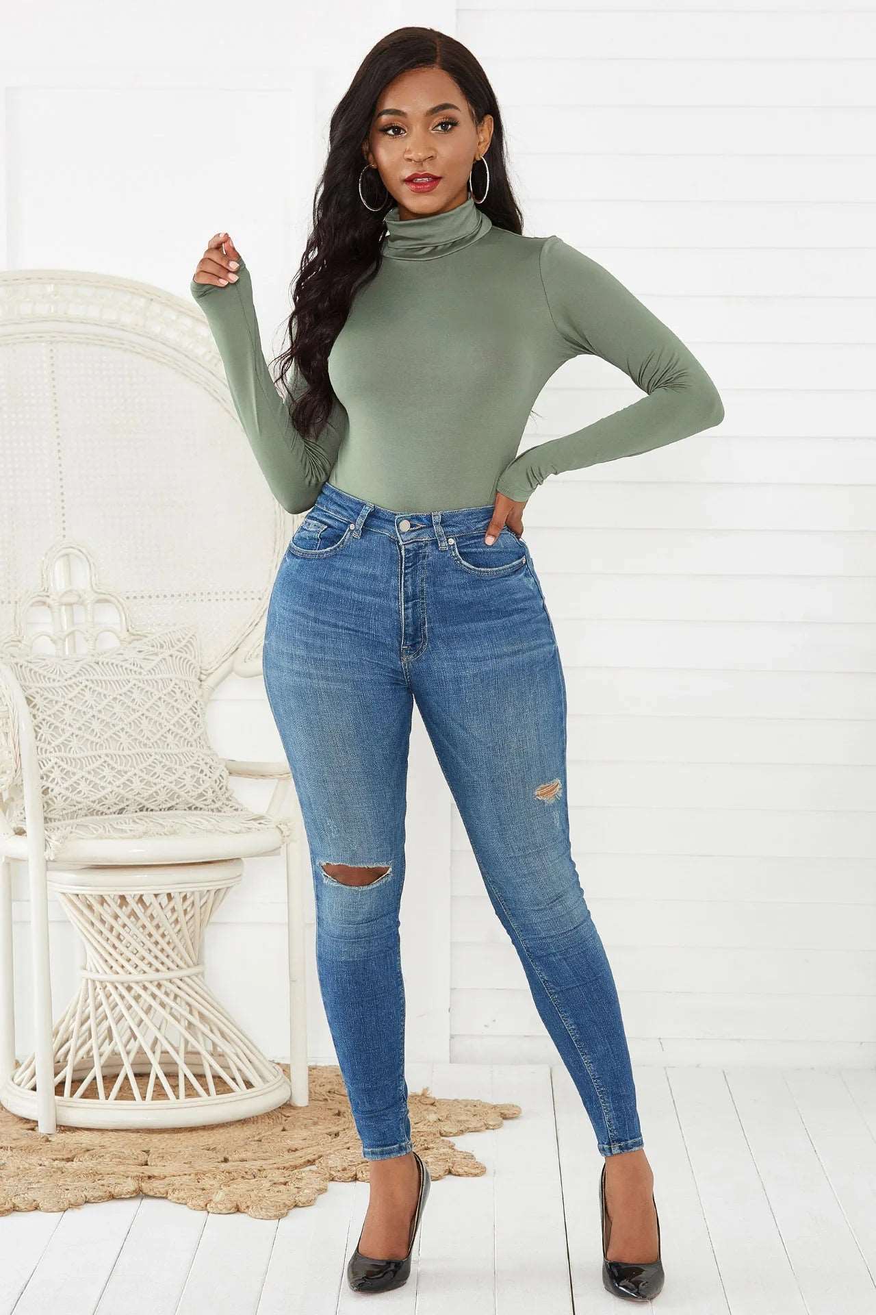 Amazon's sexy elastic long-sleeve high-necked slim-fitting inside and outside T shirt top MINT green 724GoShop