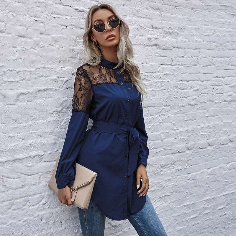 Ladies Blouses Elegant Women Tops Long Sleeve Shirt Women Royal Blue 724GoShop