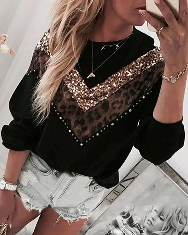 Fashion Women Casual Leopard Sequins Long Sleeve Tops Woman Ladies Blouses Black 724GoShop