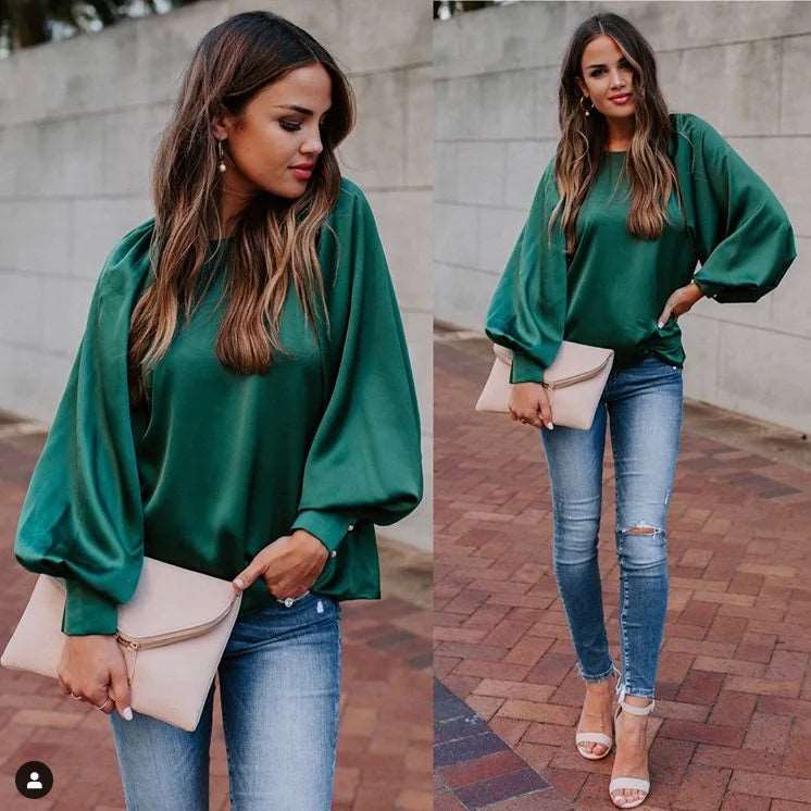 Europe and America Long Sleeve Round Collar Solid Color Women's Top 724GoShop