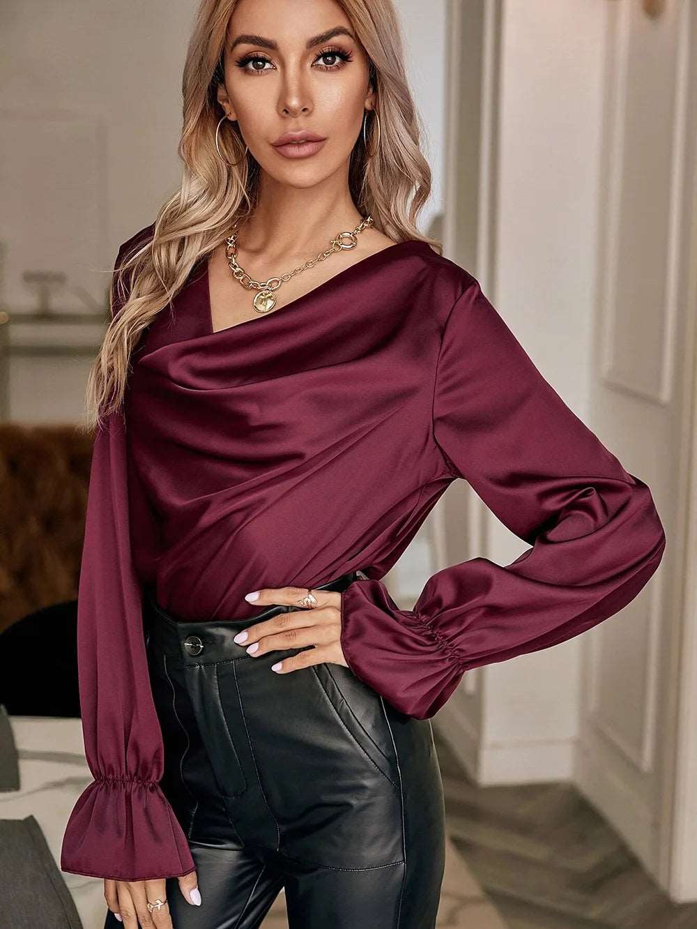 fall tops elegant temperament satin pullover fashion straight shirts for women 724GoShop