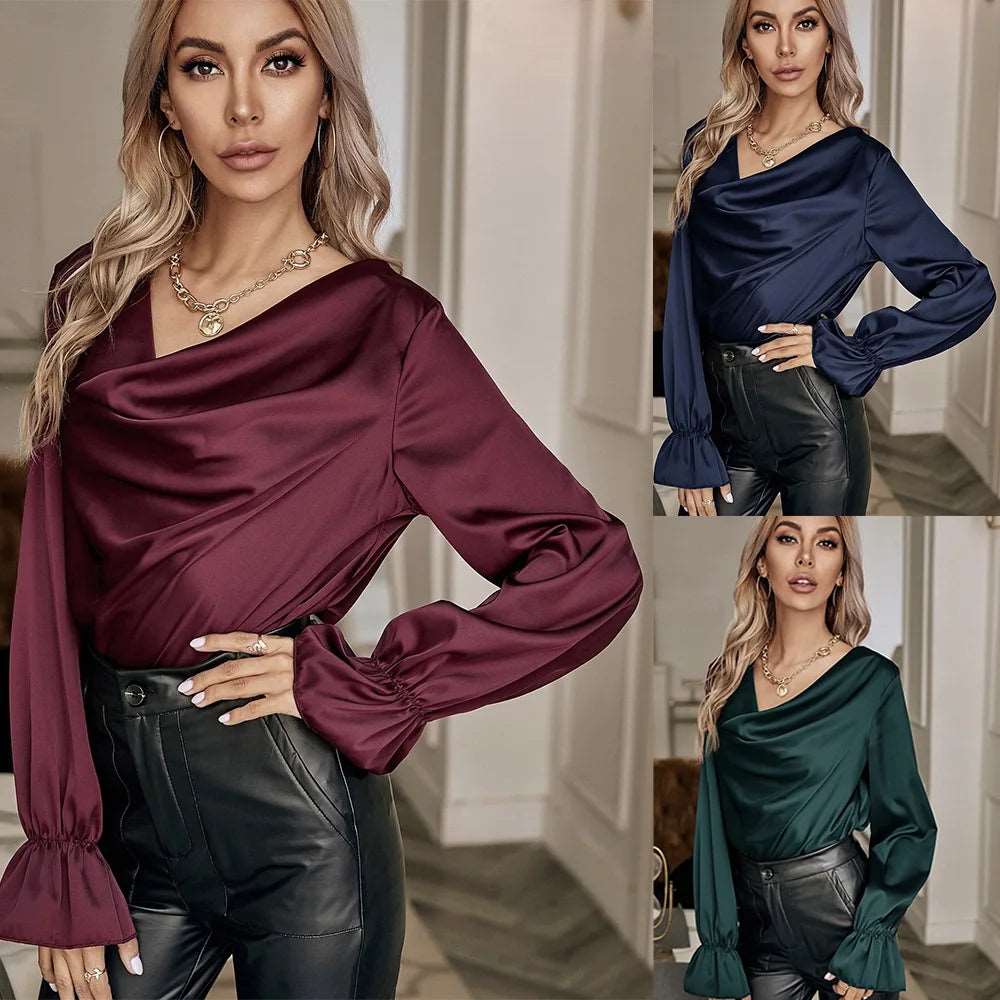 fall tops elegant temperament satin pullover fashion straight shirts for women 724GoShop