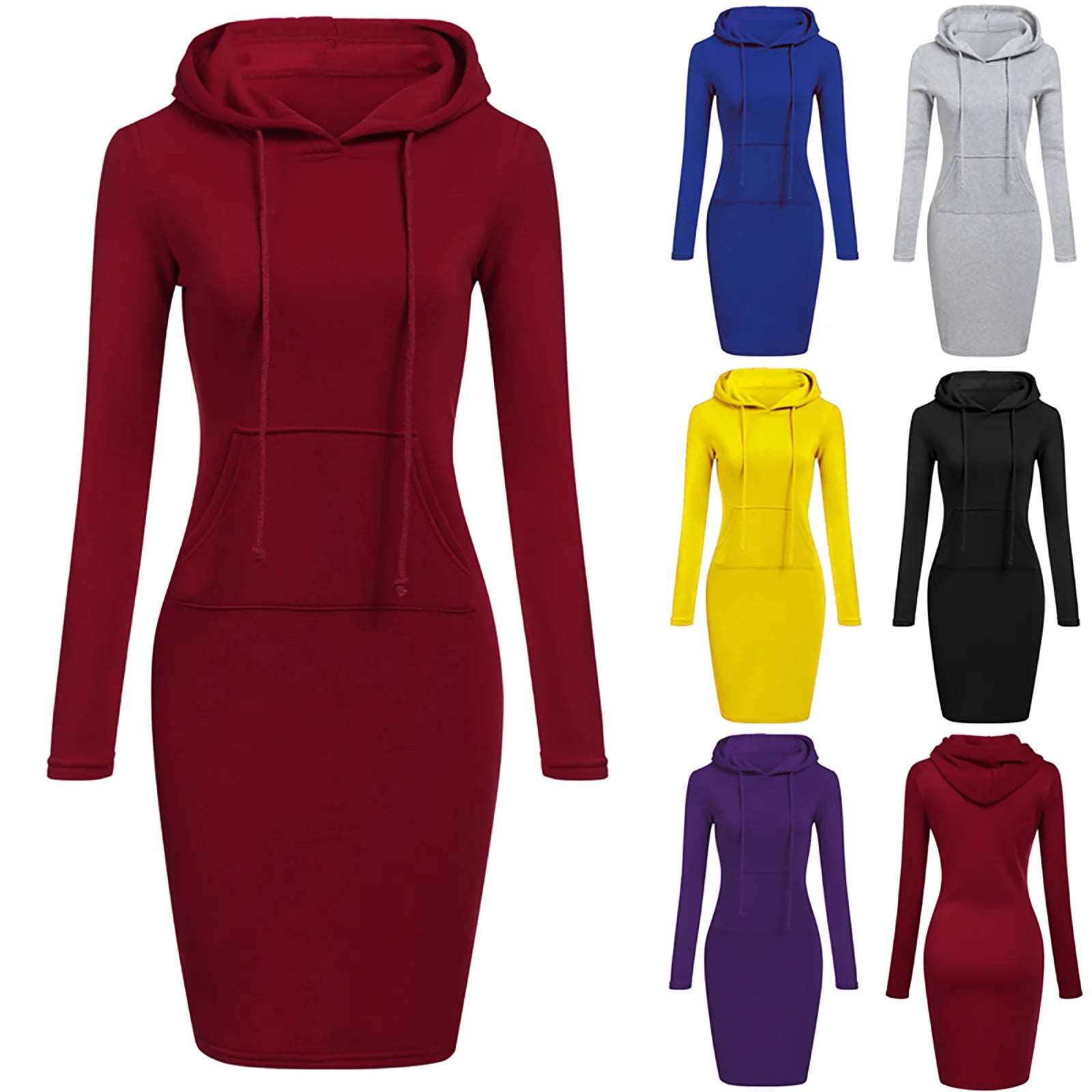 Autumn And Winter Fashion Solid Color With Pocketst Hoodie Dress Slim Womens tracksuit Dresses Casual Hoodie Sweatshirt Dress 724GoShop