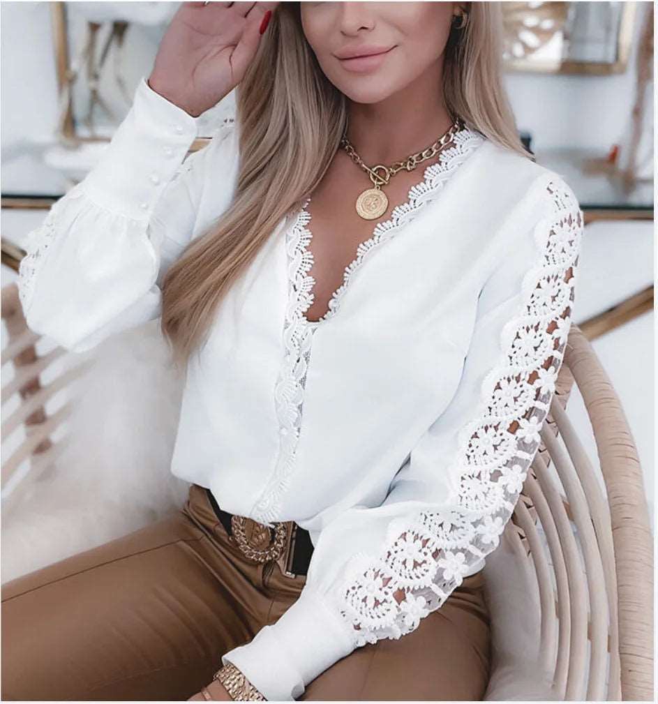 Long Sleeve V-neck Lace Stitching Shirts Office Lady Elegant Solid Color Temperament Blouse 724GoShop