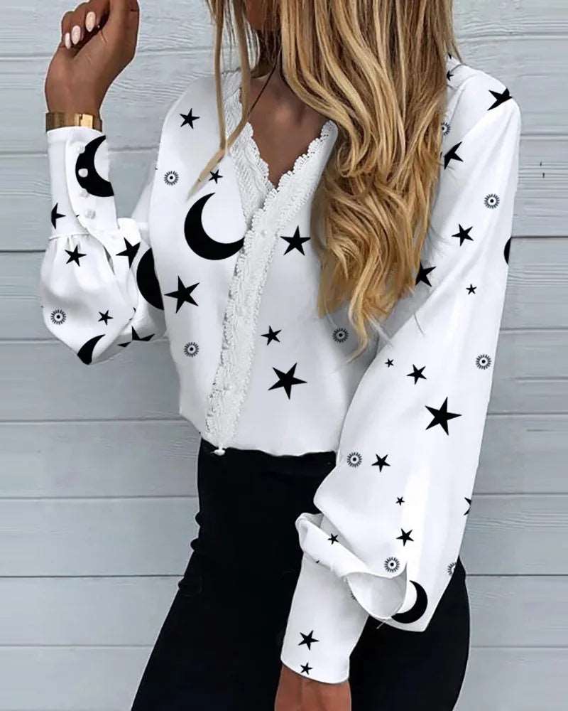 Fashion Ladies Shirts For Women Print Lace Casual Shirts Moon printed 724GoShop