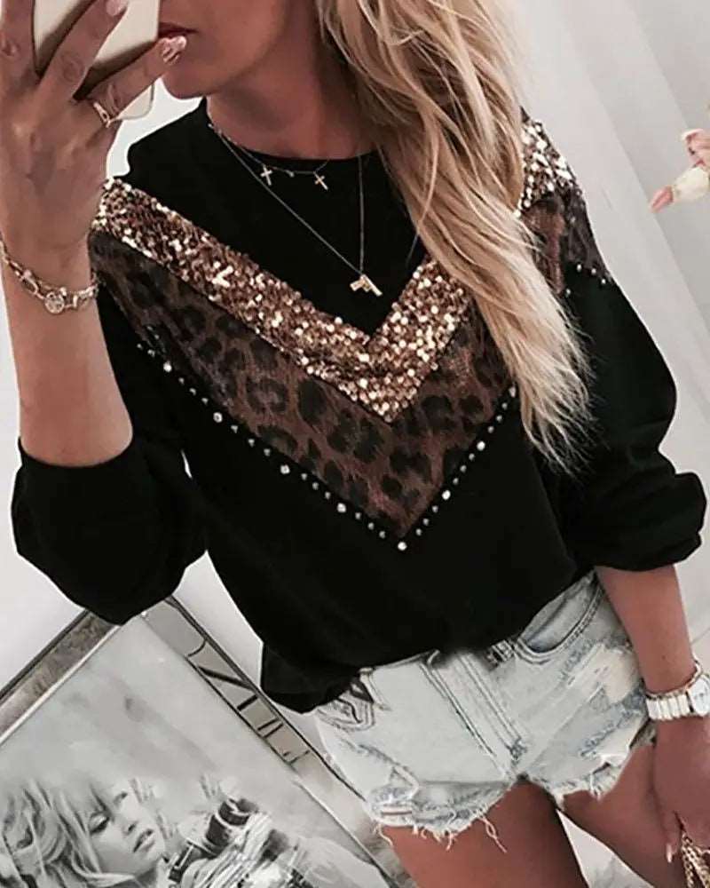 Fashion Women Casual Leopard Sequins Long Sleeve Tops Woman Ladies Blouses 724GoShop