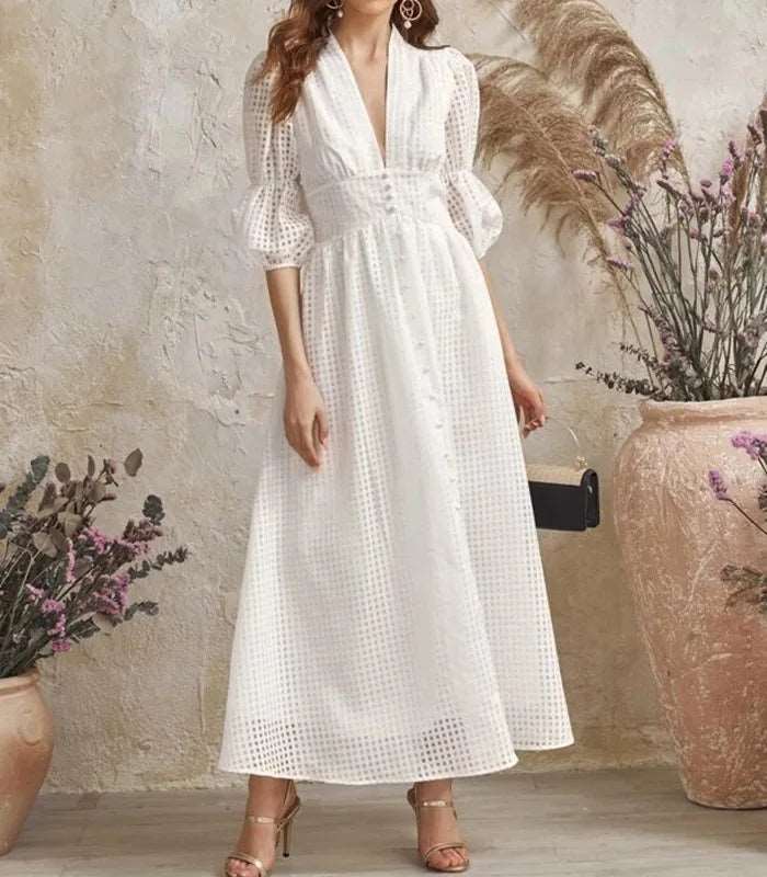 European And America Dresses Women White V Neck Transparent White 724GoShop