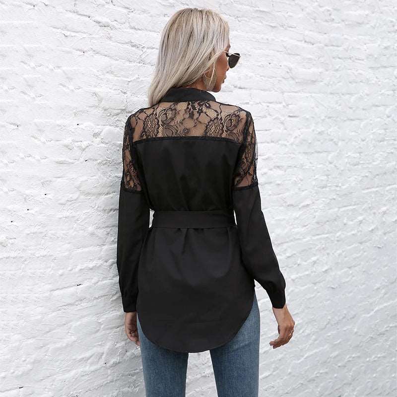 Fancy Ladies Blouses Elegant Women Tops Hollow Out Black Long Sleeve Shirt Women 724GoShop