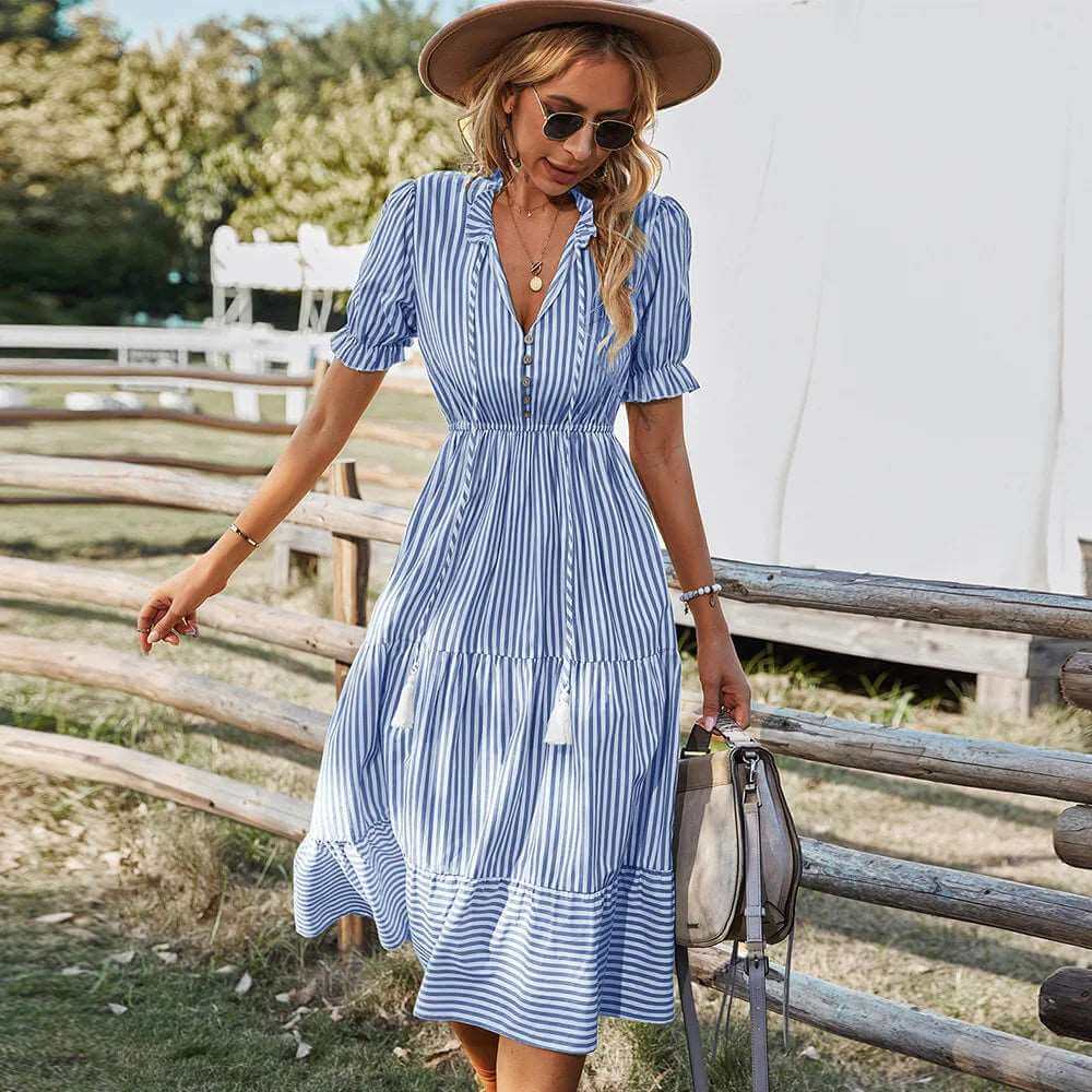 European Women's Summer Clothing 2022 New Hot Style Printed Fashion Loose Elegant Striped Dress Blue 724GoShop