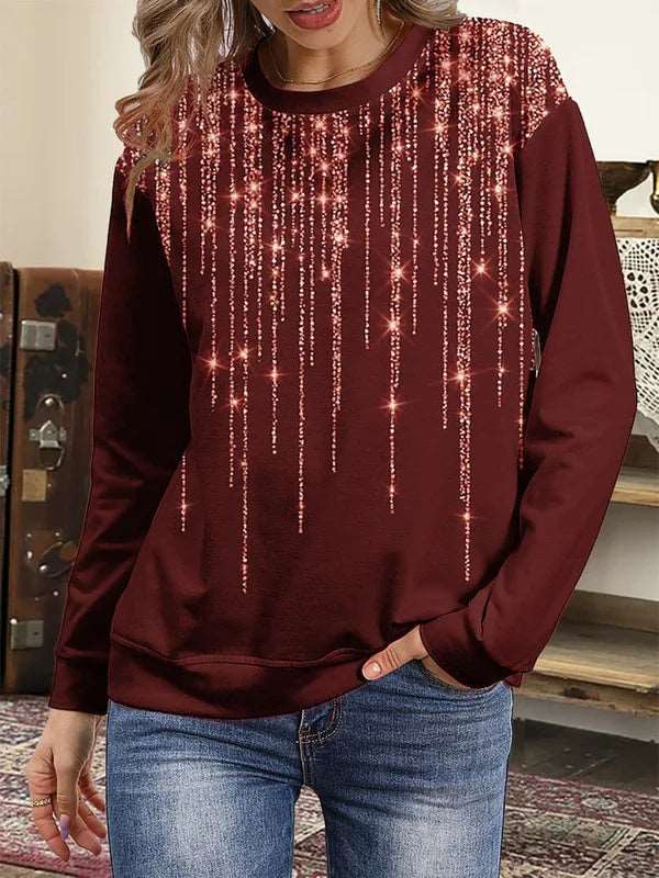 Explosive long sleeved sweatshirt printed round neck bottoming shirt top plus size wome Burgundy-Starry 724GoShop