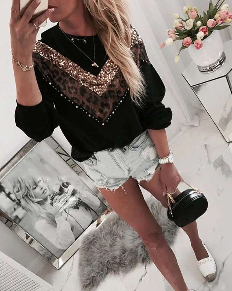 Fashion Women Casual Leopard Sequins Long Sleeve Tops Woman Ladies Blouses 724GoShop