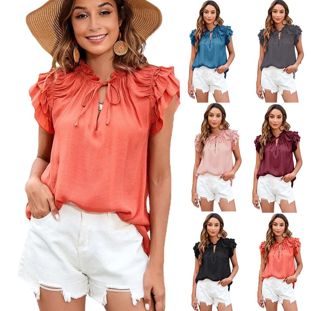 High Quality Clothes Color Ruffled Sleeve Elegant V-neck Summer Tops For Women 724GoShop