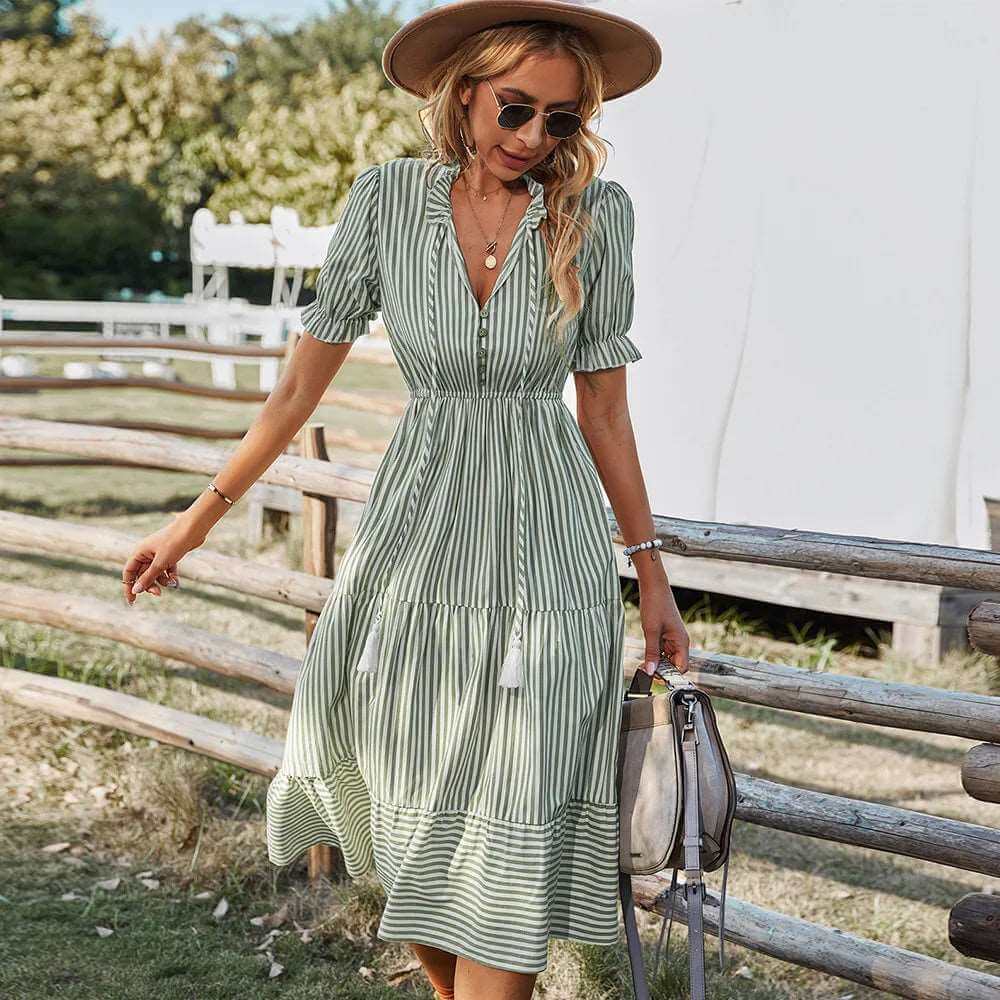 European Women's Summer Clothing 2022 New Hot Style Printed Fashion Loose Elegant Striped Dress 724GoShop