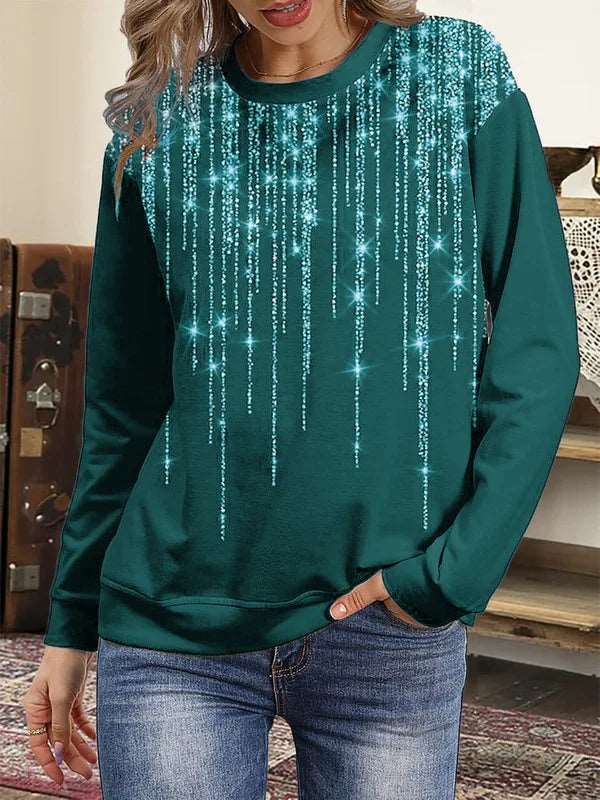 Explosive long sleeved sweatshirt printed round neck bottoming shirt top plus size wome Green-Stars 724GoShop