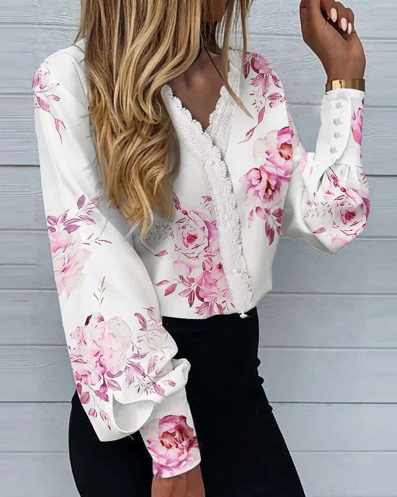 Fashion Ladies Shirts For Women Print Lace Casual Shirts 724GoShop