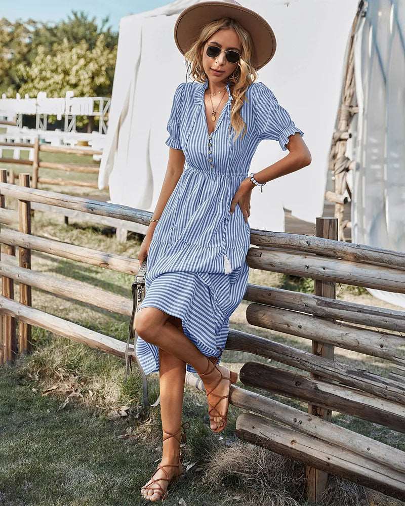 European Women's Summer Clothing 2022 New Hot Style Printed Fashion Loose Elegant Striped Dress 724GoShop