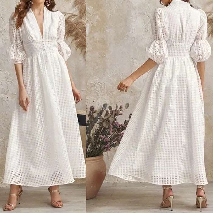 European And America Dresses Women White V Neck Transparent 724GoShop