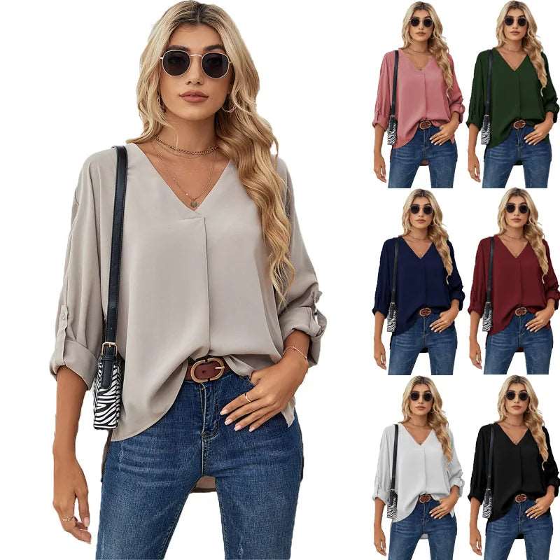 Chiffon Blouse Solid Color Fashion Women's V-neck Long Sleeve Casual Blouse For Women 724GoShop