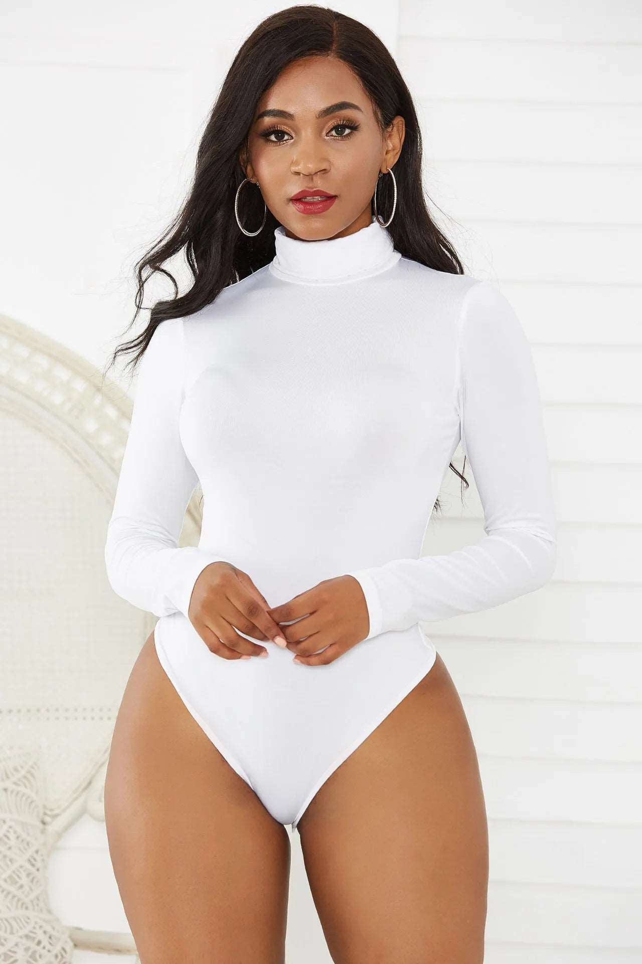 Amazon's sexy elastic long-sleeve high-necked slim-fitting inside and outside T shirt top White 724GoShop