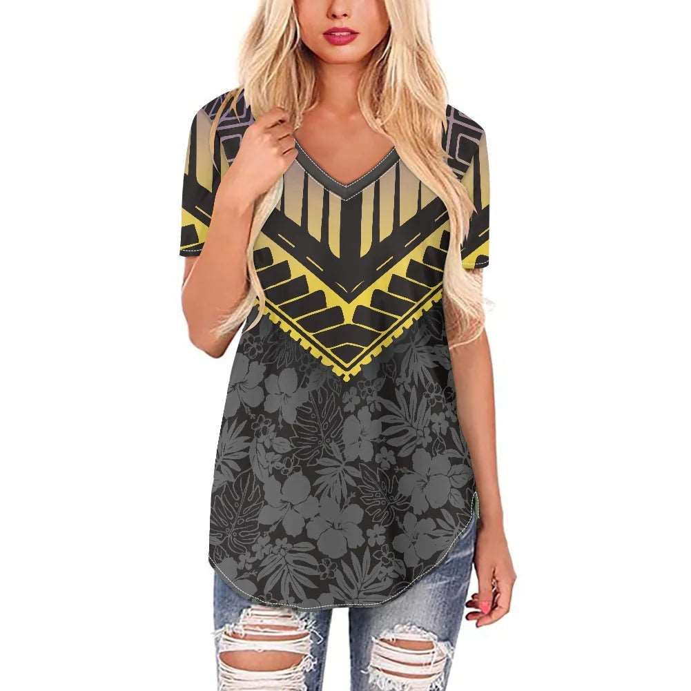 Elegant V Neck Short Sleeve Ladies Shirt Woman Tops Fashionable Blouse ZSNC0921 724GoShop