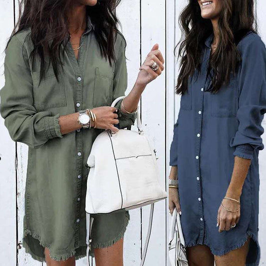 long-sleeve button long solid color blouse shirt 724GoShop