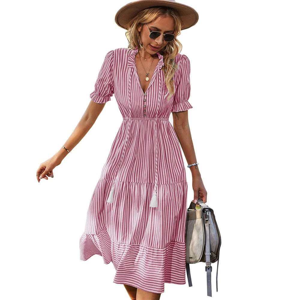 European Women's Summer Clothing 2022 New Hot Style Printed Fashion Loose Elegant Striped Dress 724GoShop