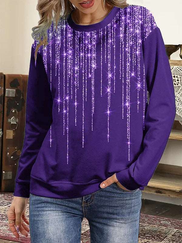 Explosive long sleeved sweatshirt printed round neck bottoming shirt top plus size wome Purple Starry 724GoShop