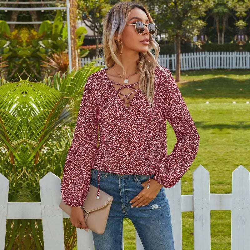 Fashion tops blouse women new model shirts long sleeve print chiffon blouse Wine red 724GoShop