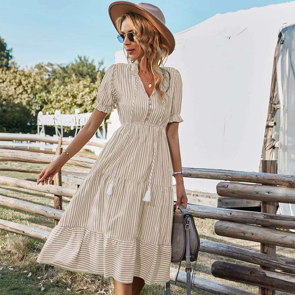 European Women's Summer Clothing 2022 New Hot Style Printed Fashion Loose Elegant Striped Dress Khaki 724GoShop