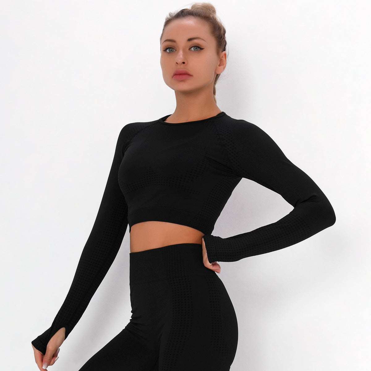 Ladies Stretchy Running Training Fitness Womens Gym Leggings High Waist Seamless 5 Piece Yoga Set black long sleeve top 724GoShop