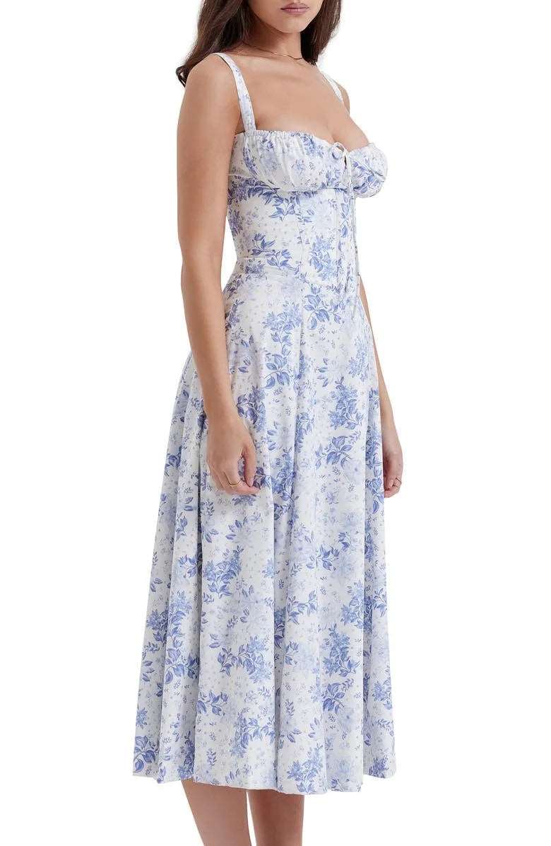 Floral Midriff Waist Shaper Dress Blue Print M 724GoShop