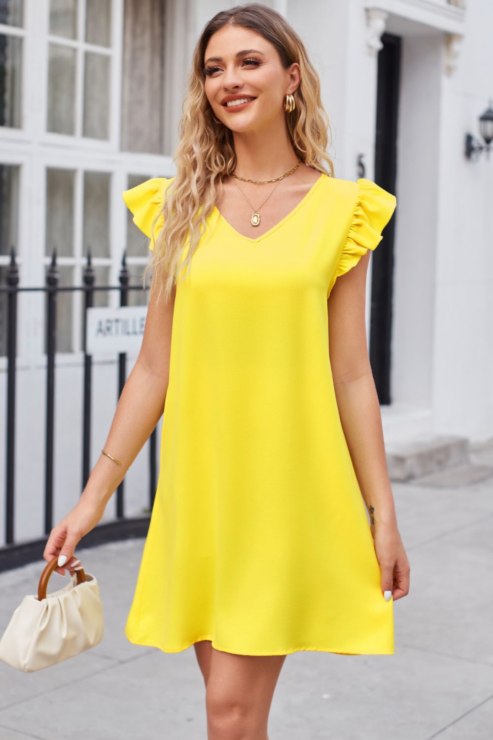 Ruffled V-Neck Flutter Sleeve Dress Causal for women Canary Yellow S 724GoShop