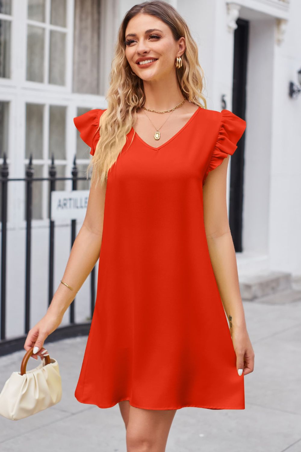 Ruffled V-Neck Flutter Sleeve Dress Causal for women Red Orange 2XL 724GoShop