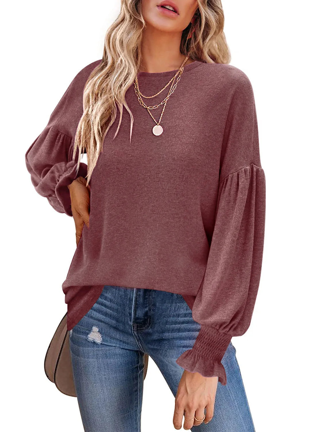 Women Clothes Lantern Long Sleeve Pullover Slim T Shirts Tops Wine red 724GoShop