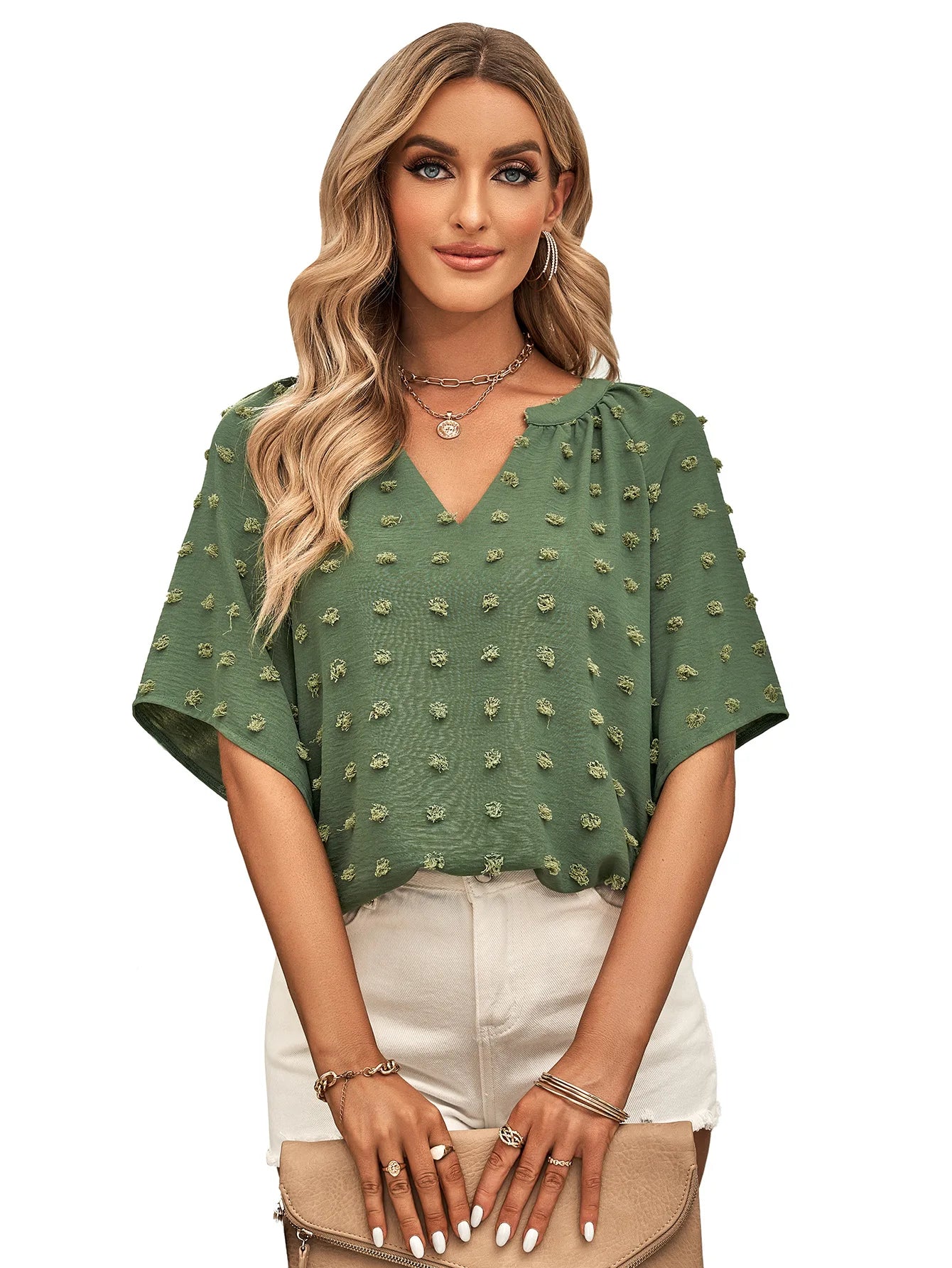 Women's Shirt V-neck Solid Color Chiffon Shirt Large Wool Ball Short Sleeve Patchwork Top green 724GoShop